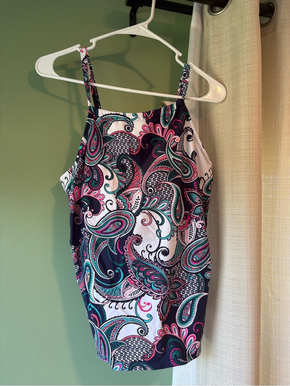 Paisley Print Spaghetti Strap Swim Top - Teal, Pink, Navy